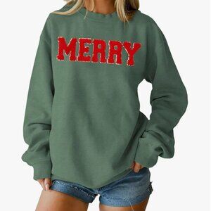 Green Seasonal 'Merry' Holiday Red Letter Print Crew Neck Pullover Sweatshirt